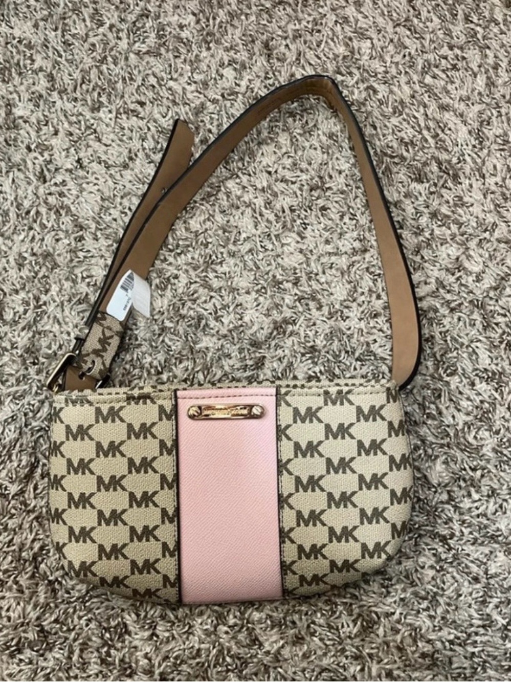 Michael Kors Beige MK Logo Fanny Pack with Pink Stripe
